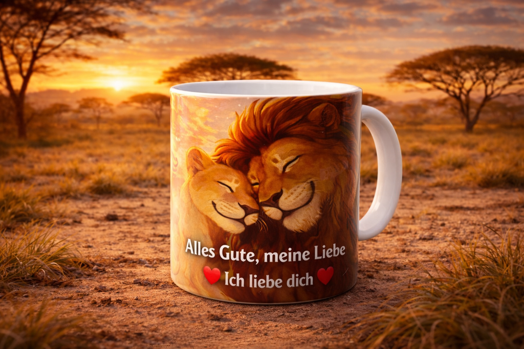 Personalisierte Paar-Tassen – Dein echtes Foto als Cartoon – Romantisches Löwen-Design – Perfektes Geschenk für Paare