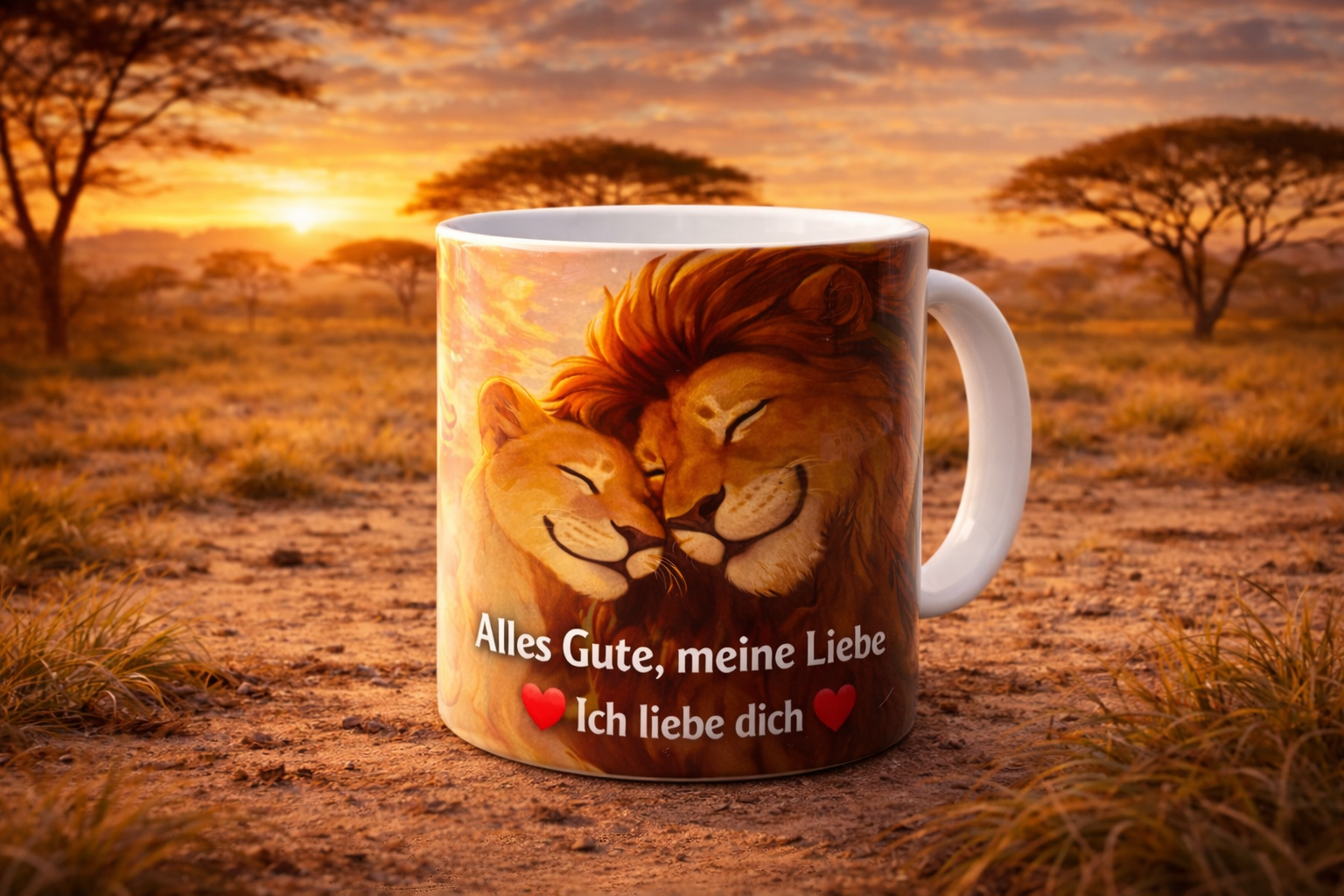 Personalisierte Paar-Tassen – Dein echtes Foto als Cartoon – Romantisches Löwen-Design – Perfektes Geschenk für Paare