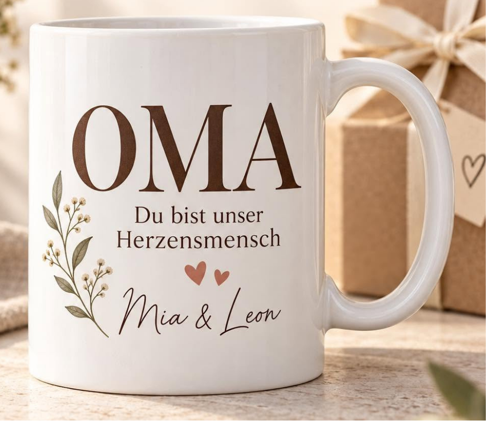 Personalisierte OMA-Tasse mit Namen Mia und Leon unter der Blumenranke
