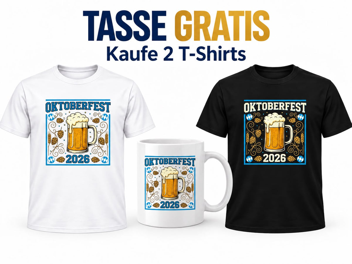 Oktoberfest 2026 Angebot mit weißem und schwarzem T-Shirt sowie einer Tasse als Geschenk