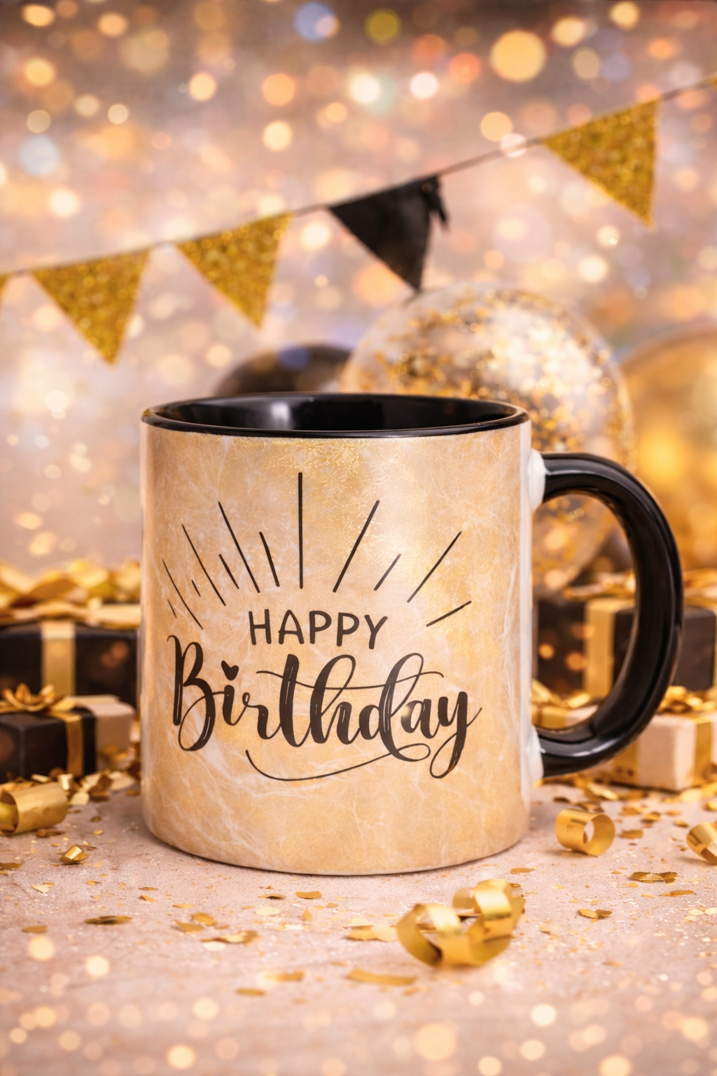 Happy Birthday Tasse mit goldenem Finish und schwarzem Innenbereich