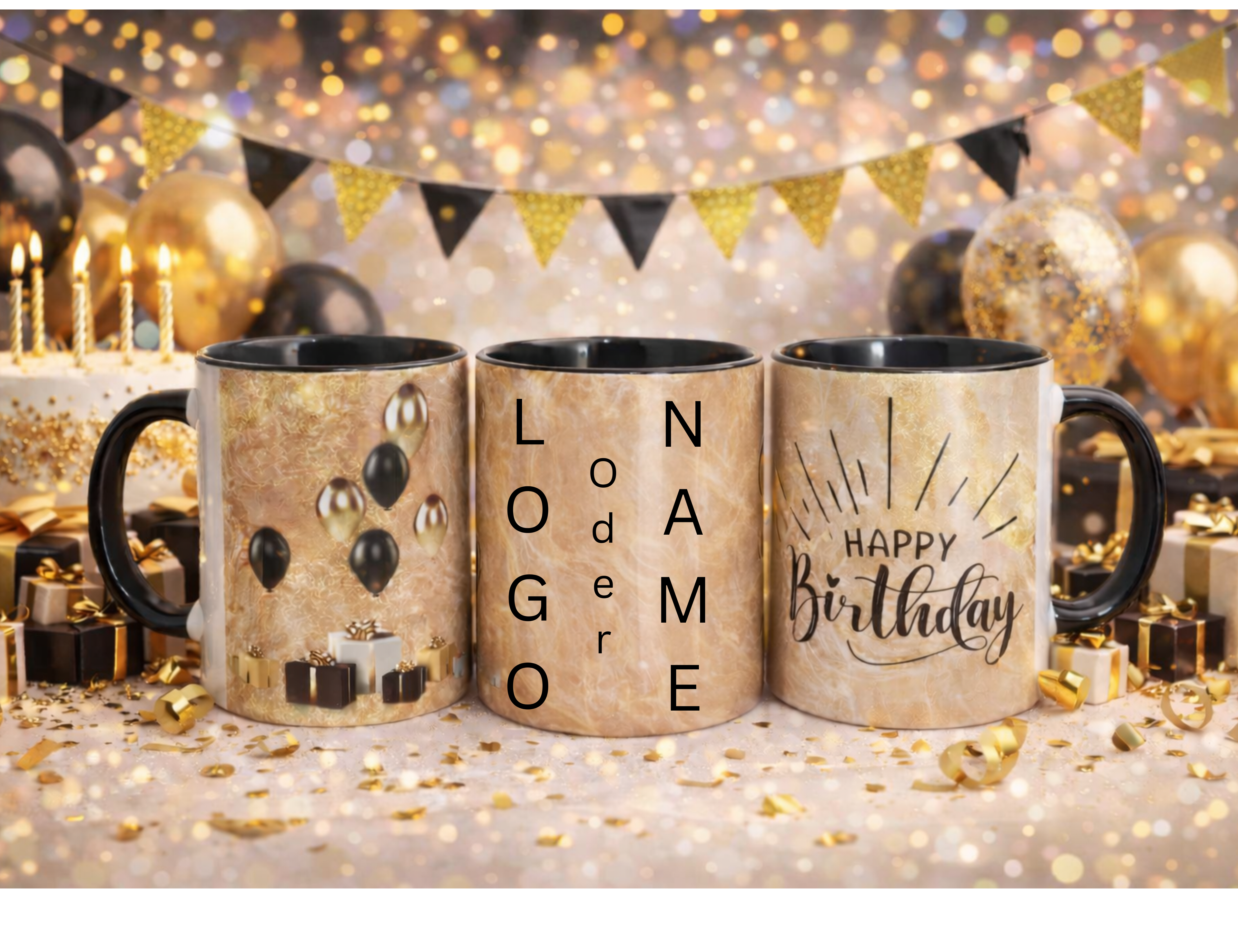 Geburtstags-Tasse mit Goldakzent und schwarzem Henkel - Luftballons Design