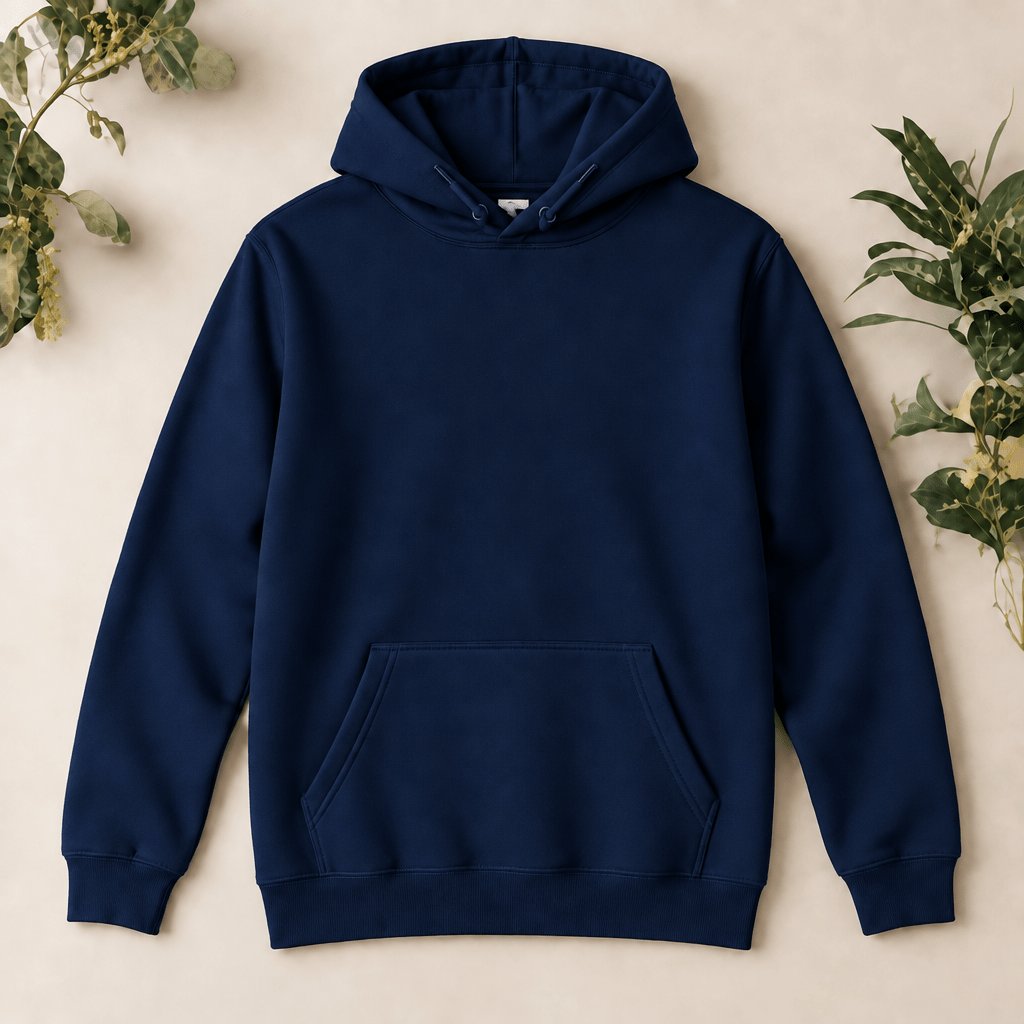Dunkelblauer Hoodie – Vorderseite mit hochgelegten Kordeln