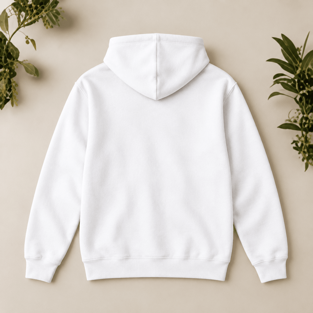Weißer Hoodie von hinten auf beigem Hintergrund mit grünen Pflanzen