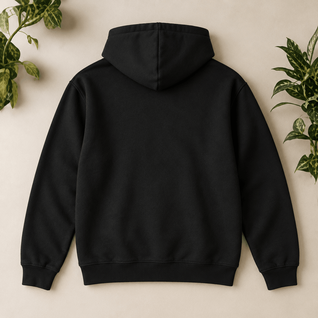 Schwarzer Hoodie von hinten auf beigem Hintergrund mit grünen Pflanzen