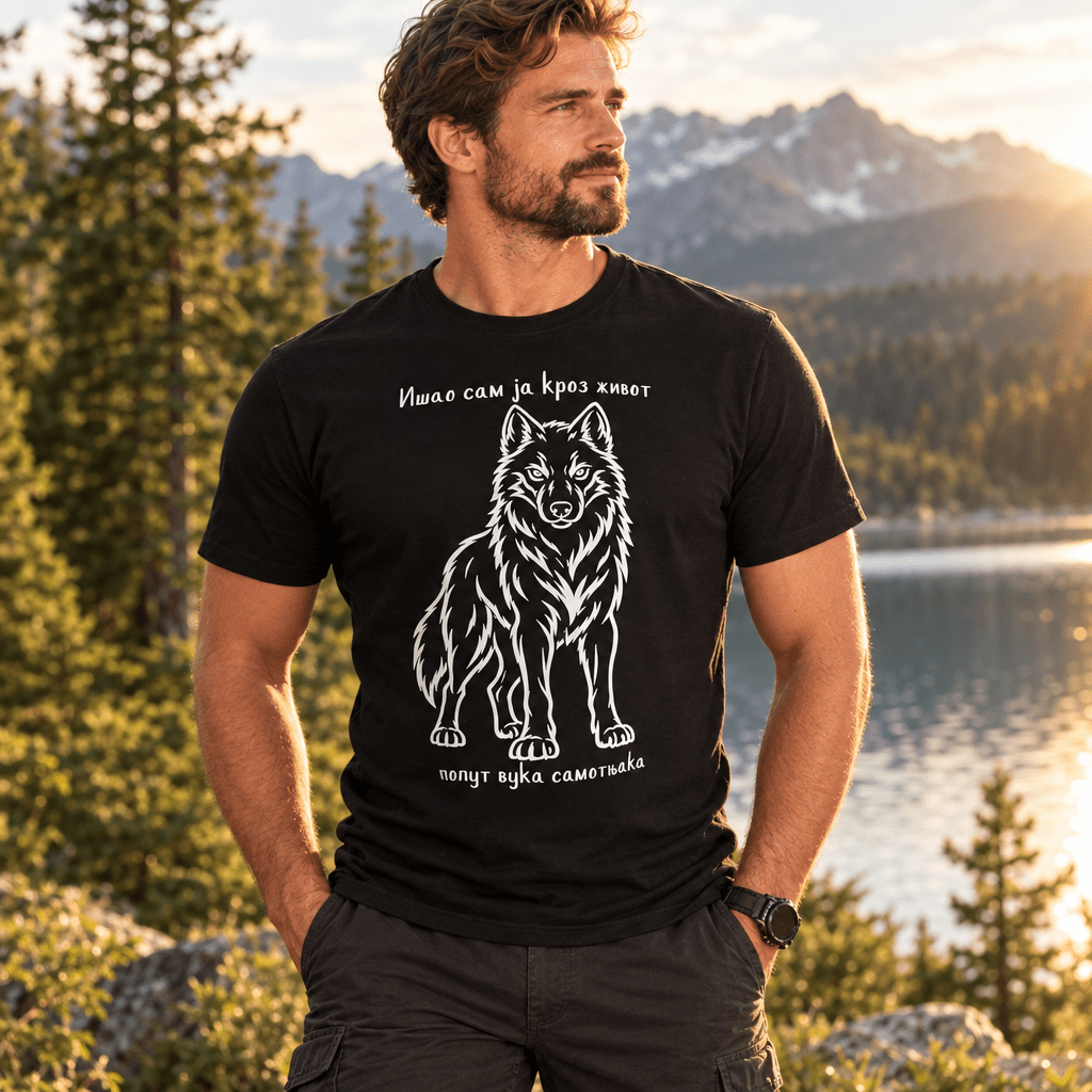 Mann mit schwarzem Wolf-T-Shirt vor Bergsee im Abendlicht