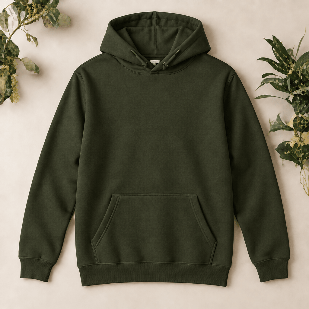 Olivgrüner Hoodie – Vorderseite mit hochgelegten Kordeln
