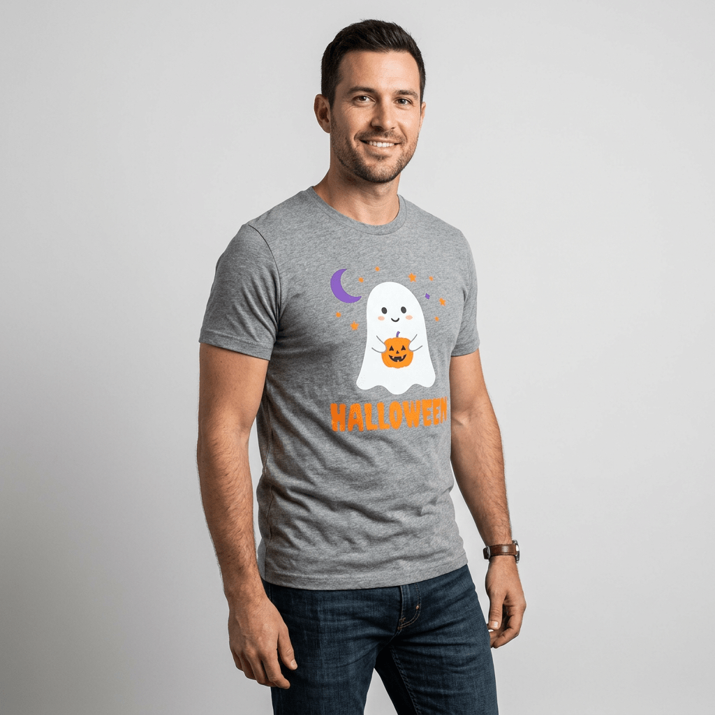 Mann im grauen Halloween-T-Shirt mit Geist und Kürbis