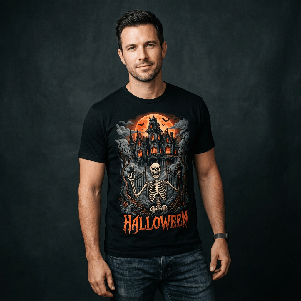 Mann im schwarzen Halloween-T-Shirt mit Spukhaus und Skelett