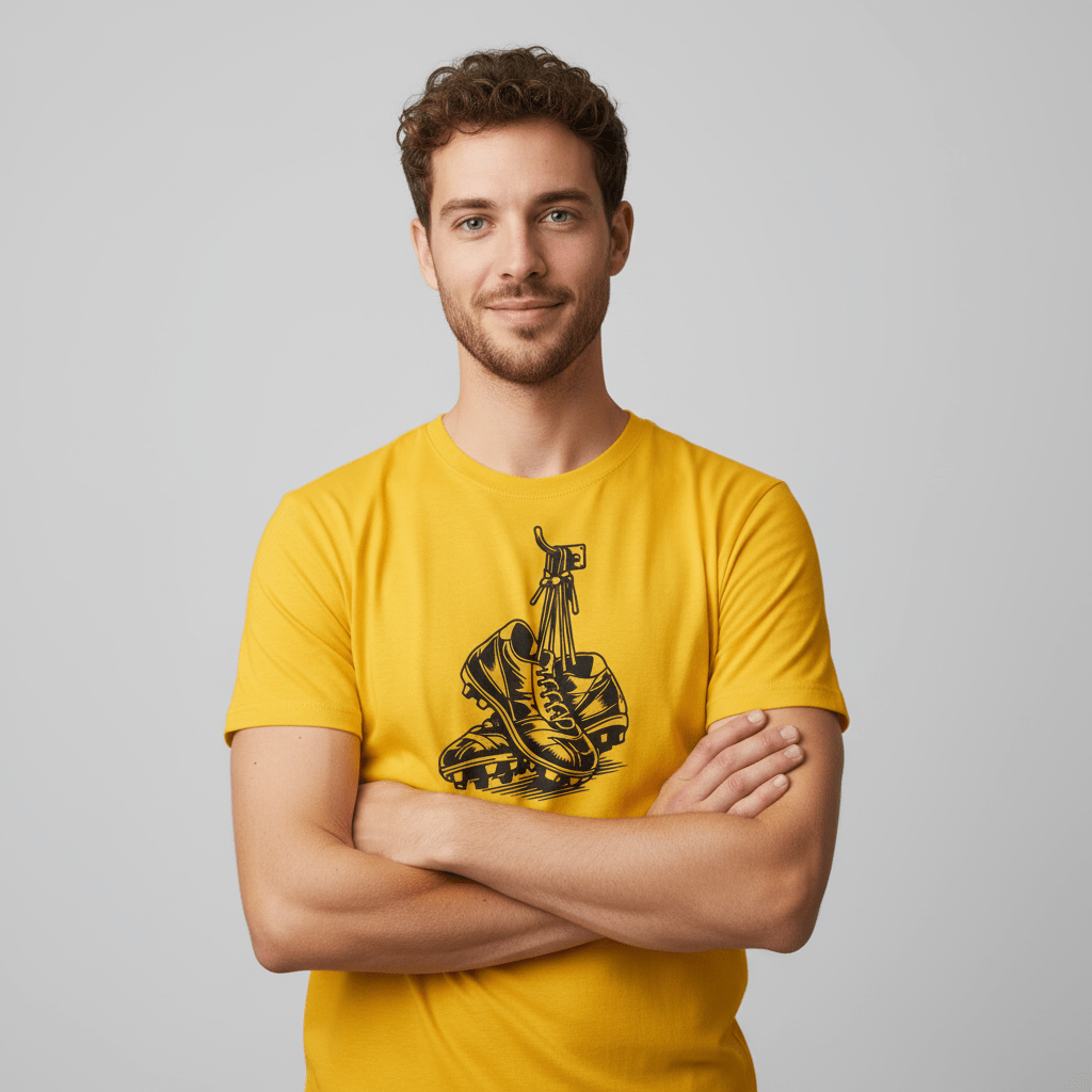 Mann in gelbem Fußball T-Shirt mit Motiv Fußballschuhe am Nagel