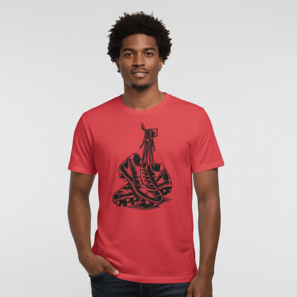 Mann in rotem Fußball T-Shirt mit Motiv Fußballschuhe am Nagel