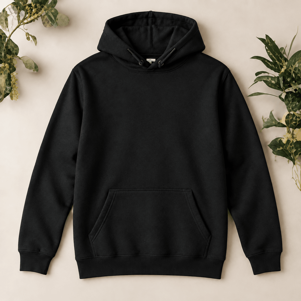 Schwarzer Hoodie – Vorderseite mit hochgelegten Kordeln