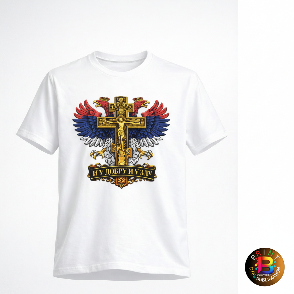 bijela majica Srpski Pravoslavni Krst sa dvoglavim orlom jedinstven dizajn 
i u dobru i u zlu