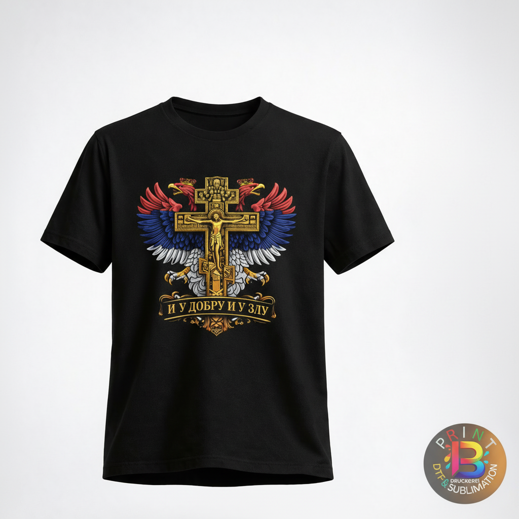 crna majica Srpski Pravoslavni Krst sa dvoglavim orlom jedinstven dizajn 
i u dobru i u zlu