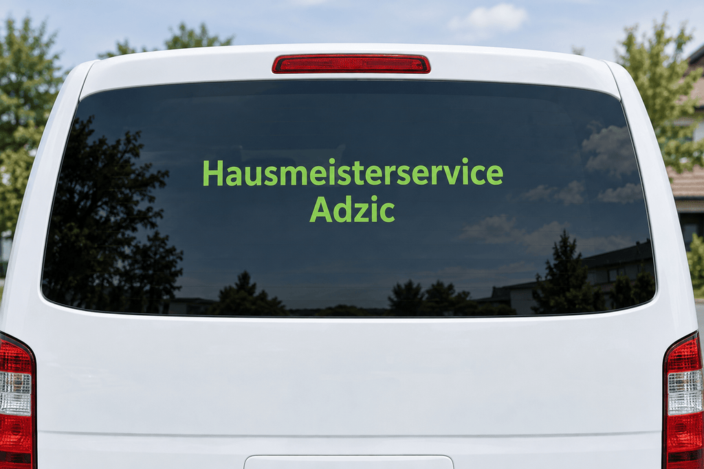Umereniji jabukazeleni natpis Hausmeisterservice Adzic na belom kombiju