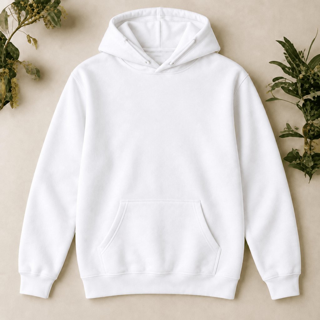 Weißer Hoodie – Vorderseite mit hochgelegten Kordeln